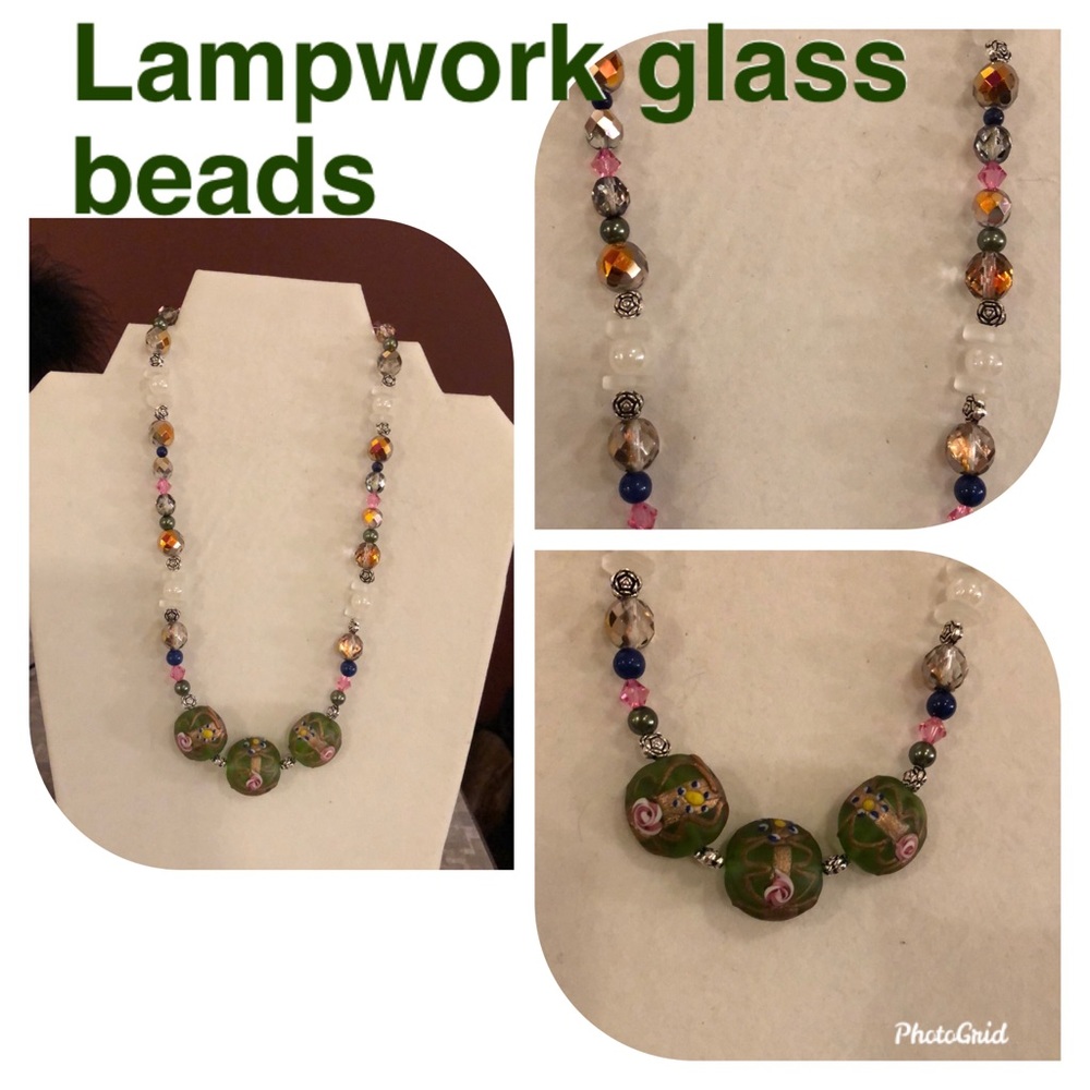 Hand beaded necklace of green, blue , pink & amber